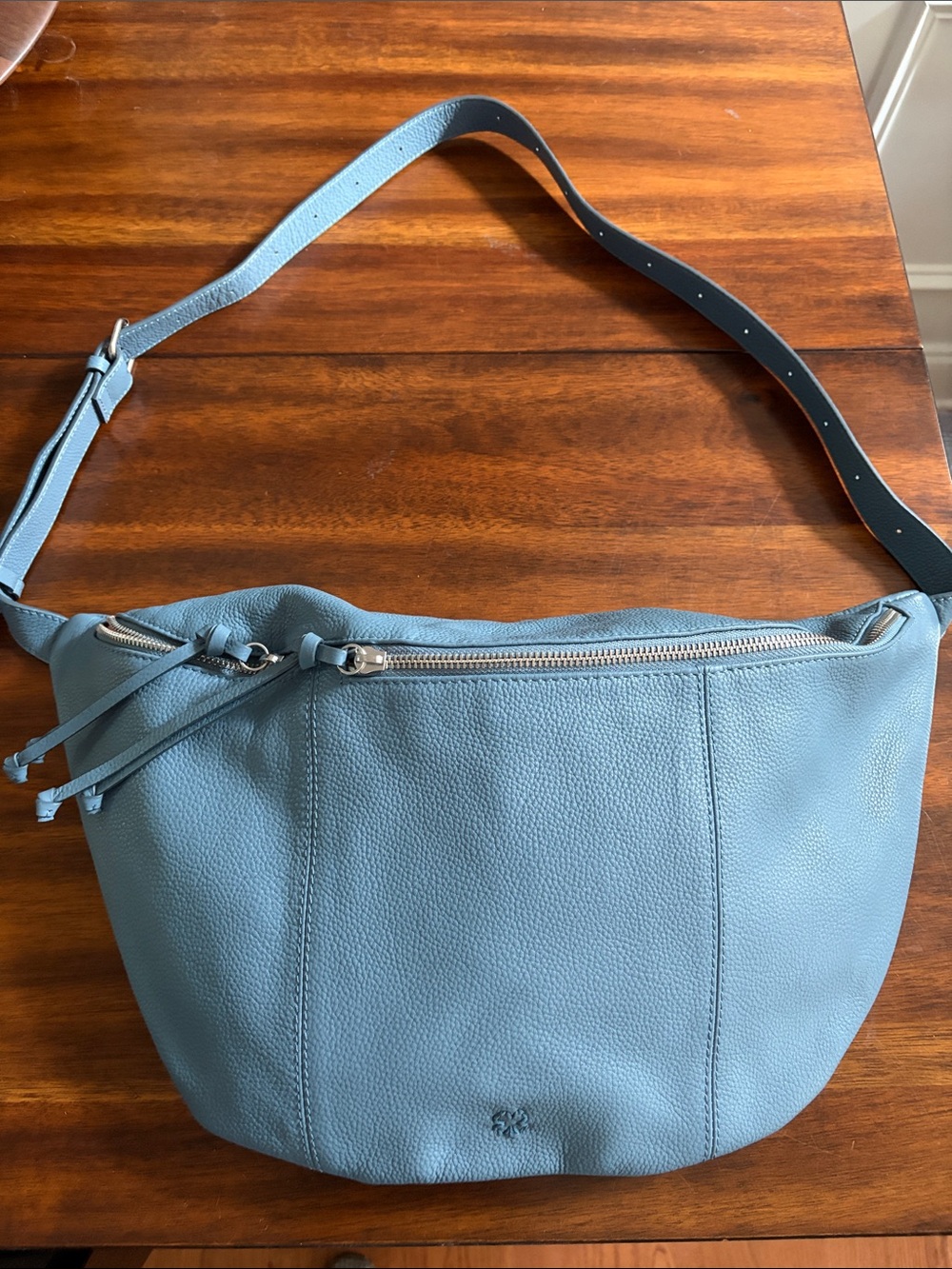 Textured Blue Leather Shoulder Bag with Adjustable Strap